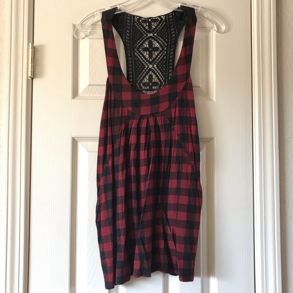 Red & Black Plaid Top With Crochet Back & Pockets
